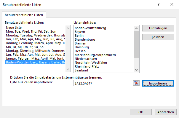Bundesländer als benutzerdefinierte Liste in Excel