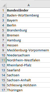 Bundesländer in Excel