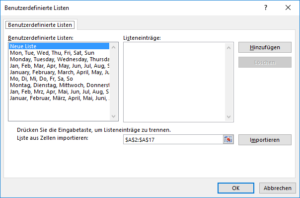 Benutzerdefinierte Liste in Excel