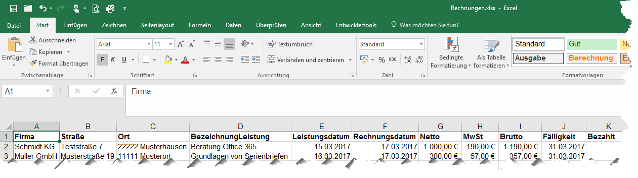 Rechnungsliste in Excel