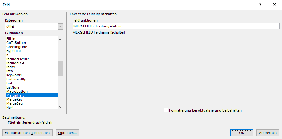 Seriendruck Word Feldfunktion Datum
